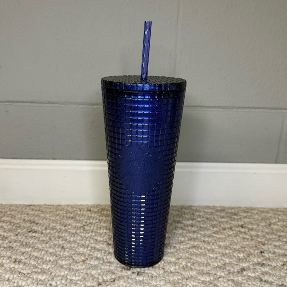 Starbucks Summer 2023 Cobalt Blue Grid Tumbler 24oz Cold Cup EUC Coffee Cup